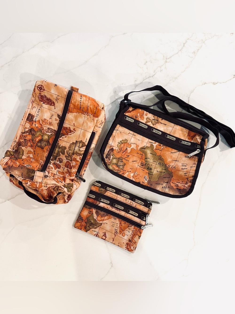 LeSportsac 3 Piece Matching World Map Travel Bag Crossbody & Pouch Set